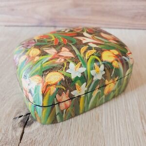Kashmir Made Vintage Paper Mache Floral Trinket Box Floral Handpainted Green